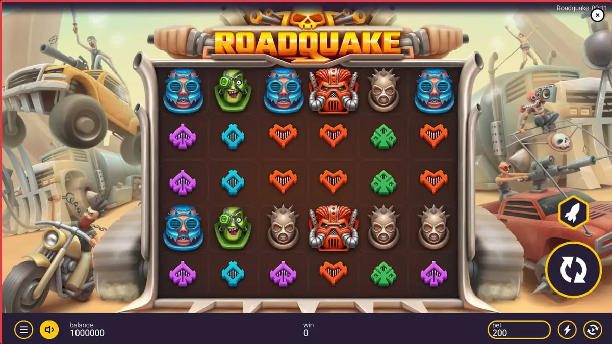 Tampilan visual game slot Roadquake dengan tema perang jalanan yang eksplosif