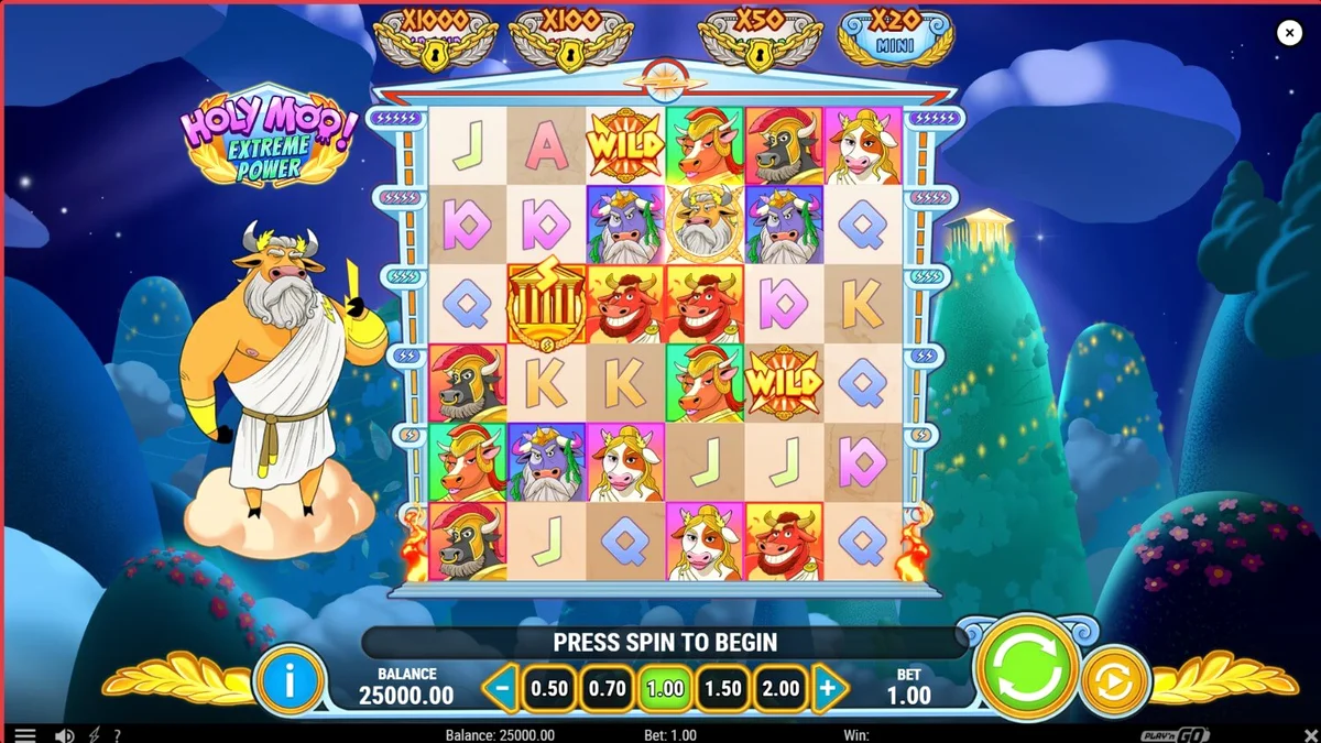 Tampilan visual slot Holy Moo! Extreme Power dengan karakter dewa sapi