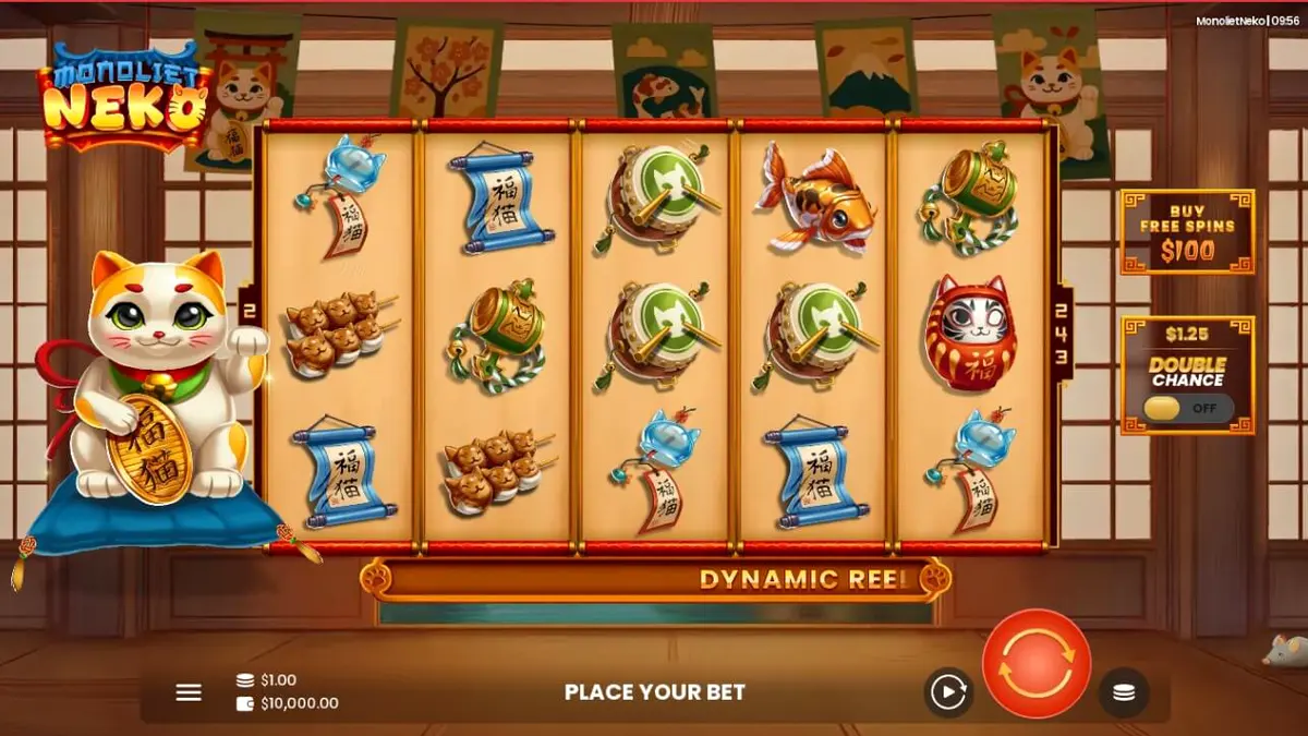 Tampilan visual slot Monoliet Neko dengan tema Kucing Keberuntungan dan nuansa emas.